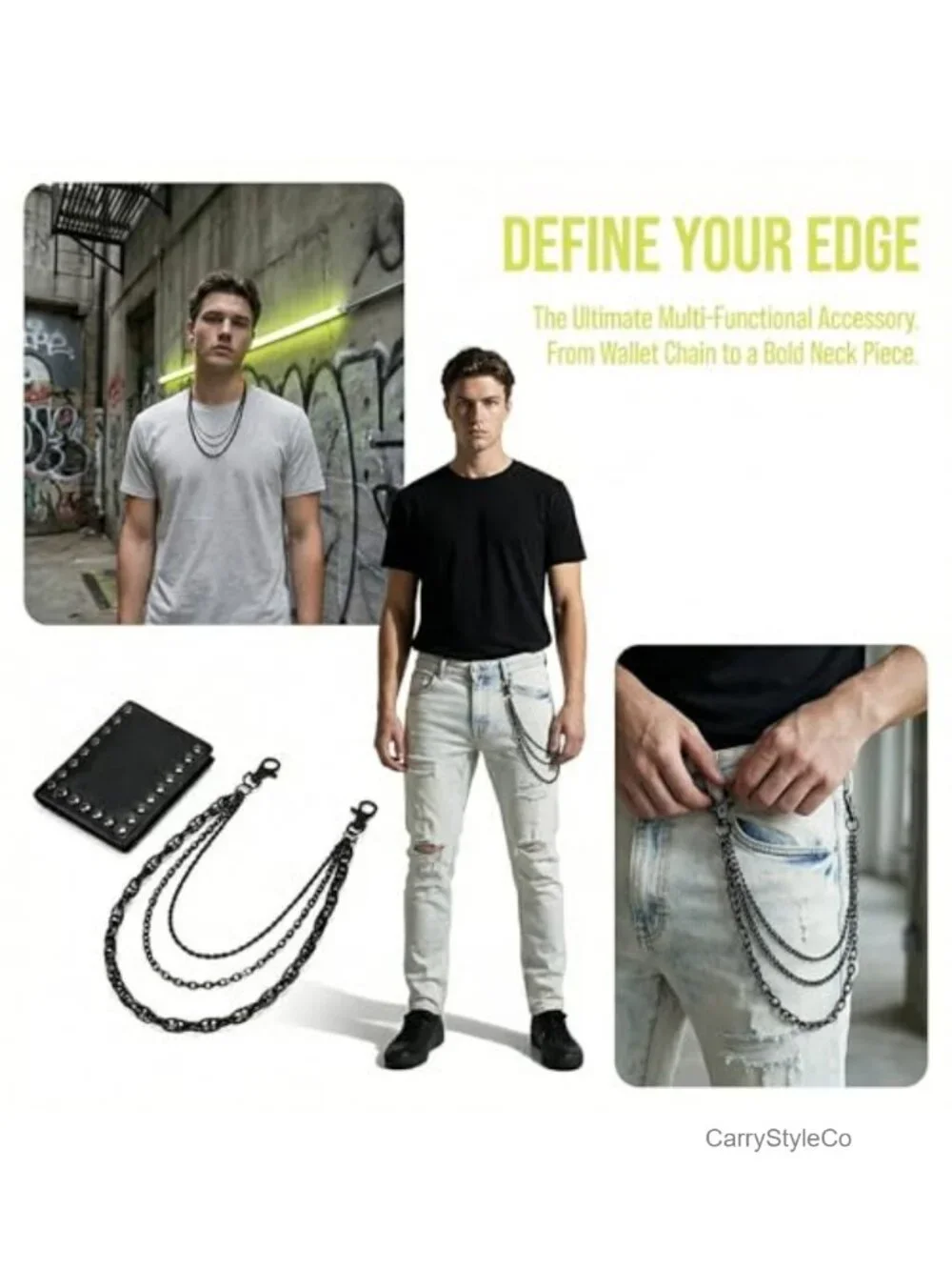 Gothic Waist Chain Belt for Women Men, Matte Black Purse Chain, Wallet Strap,